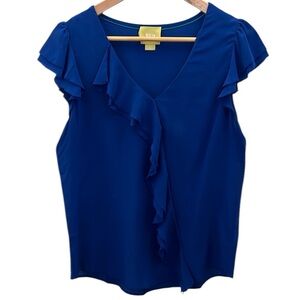 Maeve Anthropologie 100% Silk Cobalt Blue Ruffle Cap Sleeve Blouse Size 8